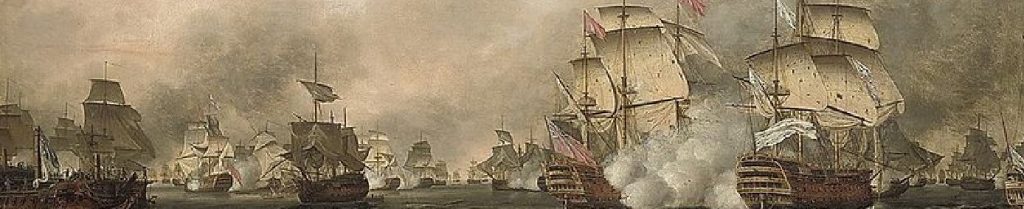 A painting of a naval battle from the 1700. Many sailing ships can be seen fighting with cannons.
